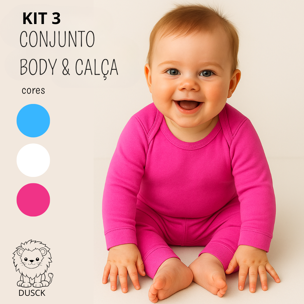 Kit 3 Conjuntos Body Manga Longa Liso + 3 Calças Mijão Ribana Pagão Algodão Bebê Menino Menina