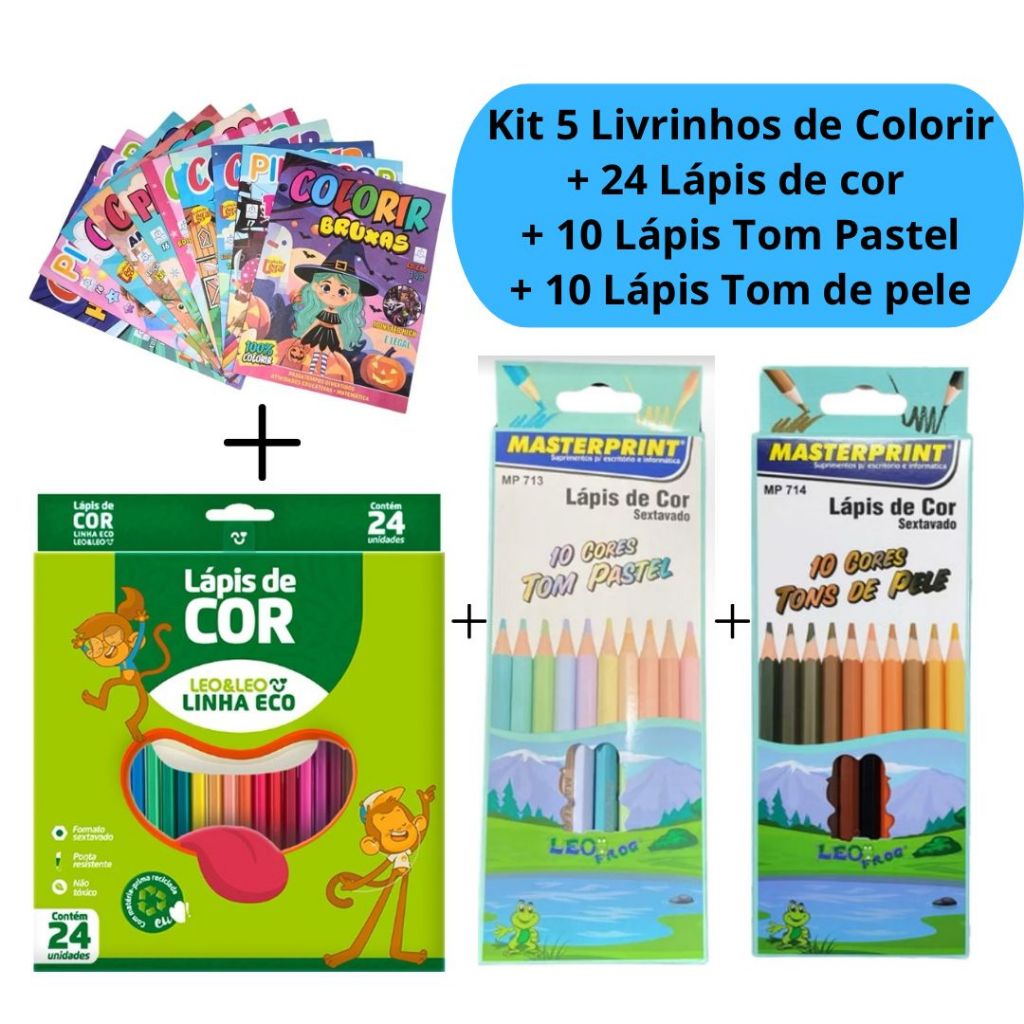 Kit 5 Livrinhos de Colorir Revistinha + 24 Lápis de Cor + 10 Lápis Tom de Pele + 10 Lápis Tom Pastel