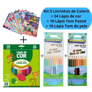 Kit 5 Livrinhos de Colorir Revistinha + 24 Lápis de Cor + 10 Lápis Tom de Pele + 10 Lápis…