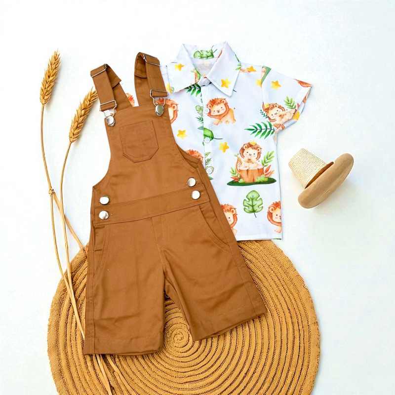 conjunto menino jardineira e camisa leão leãozinho Safari