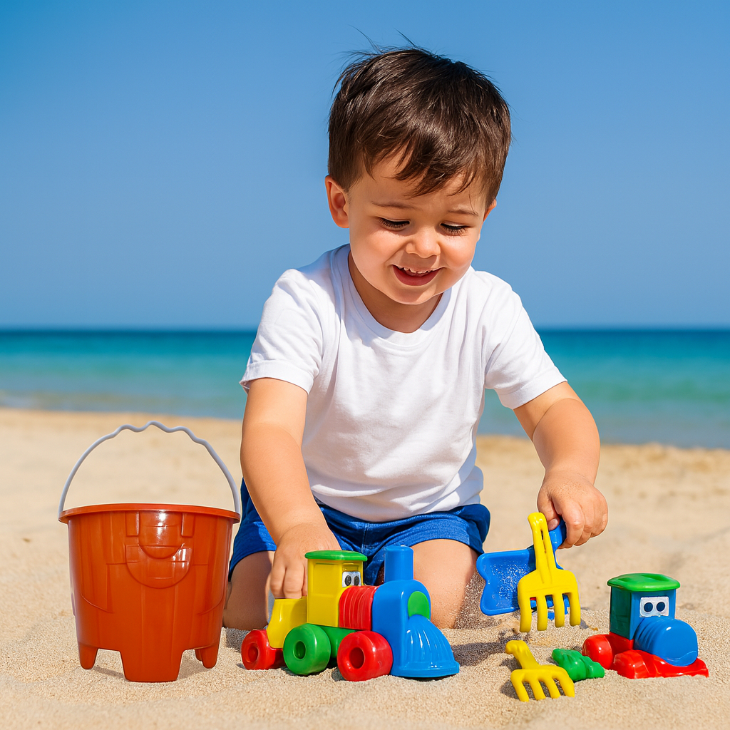 Baldinho de Praia Completo Com Trenzinho Didático, Caminhão e Trator em Oferta na Shopee