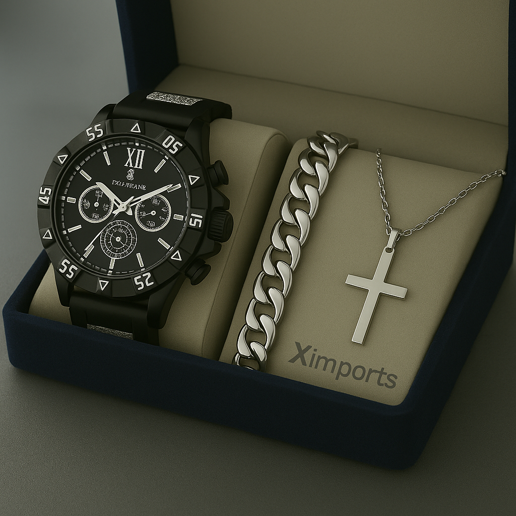 Conjunto relógio + corrente Pingente cruz e pulseira masculino Aço inox Prateado ou Dourado