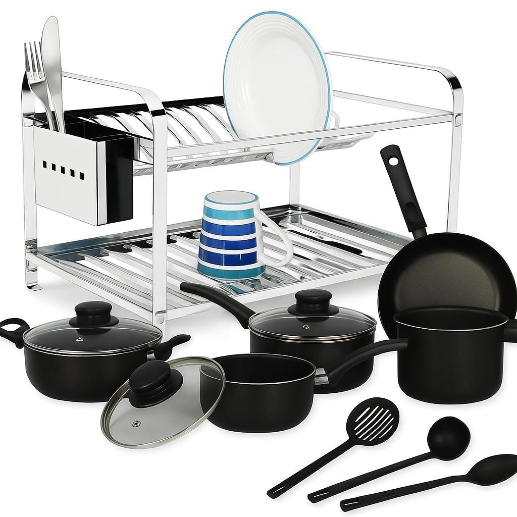 Escorredor De Pratos Inox E Conjunto Kit Jogo Panela Preto