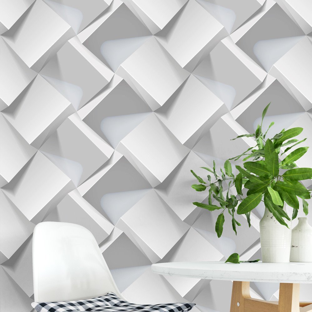 Papel de Parede Adesivo Autocolante Geométrico Branco Imitando 3D Sem Relevo 2.80M Vinil  - ET