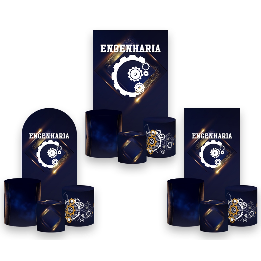 Painel De Festa Vertical + Trio De Capa Cilindro - Profissão Engenharia Azul e Dourado 007