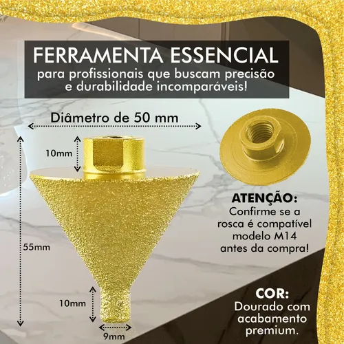 Broca Cônica Diamantada Chanfro Diamante M14 50mm Esmerilhadeira Lixadeira Porcelanato Cerâmica Estilo Serra Copo Escalo