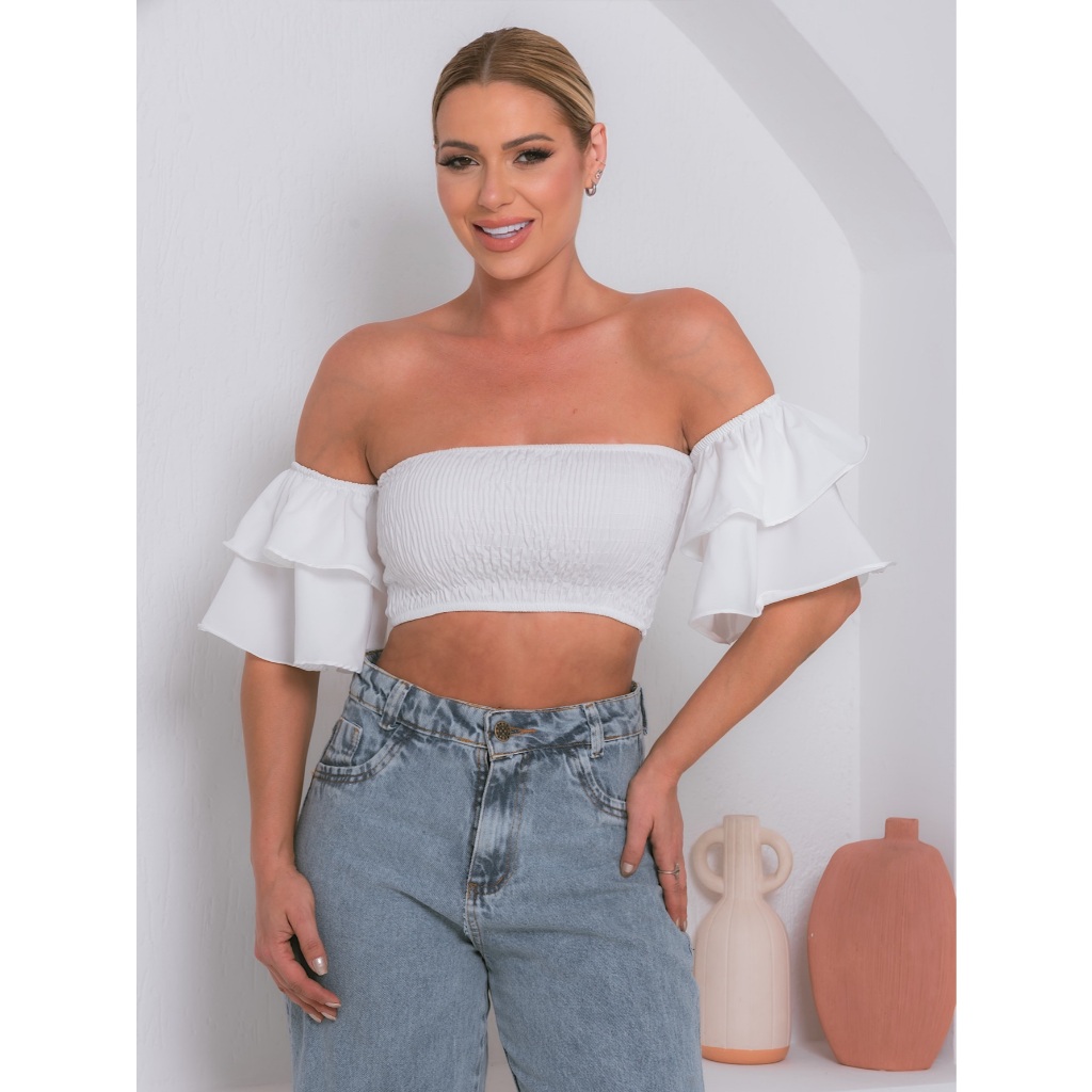 Blusinha cropped feminino elastico no peito em Oferta na Shopee