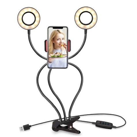 Luminária Ring Light Com Suporte Garra Para Celular e 2 Ringlight De Mesa 3 em 1 Dupla iluminação