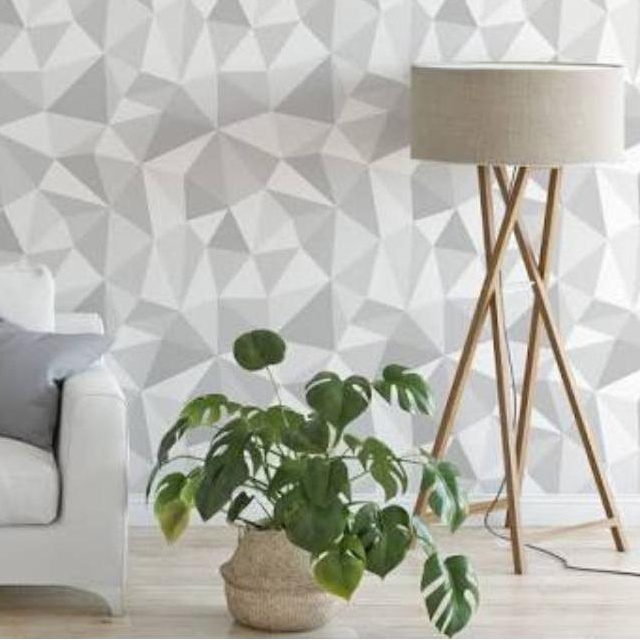 Papel de Parede Adesivo Geométrico Losangulos Triangulo Cinza e Branco Estilo 3D Sem Relevo 2.50M ET