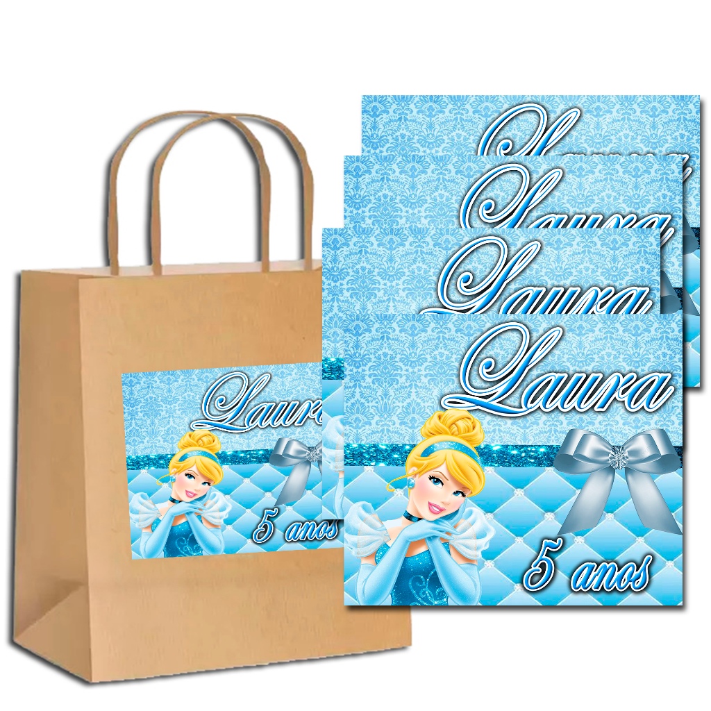 Adesivos Personalizados Cinderela 10cm x 9cm para Sacolinha Surpresa - Maleta Acrílica