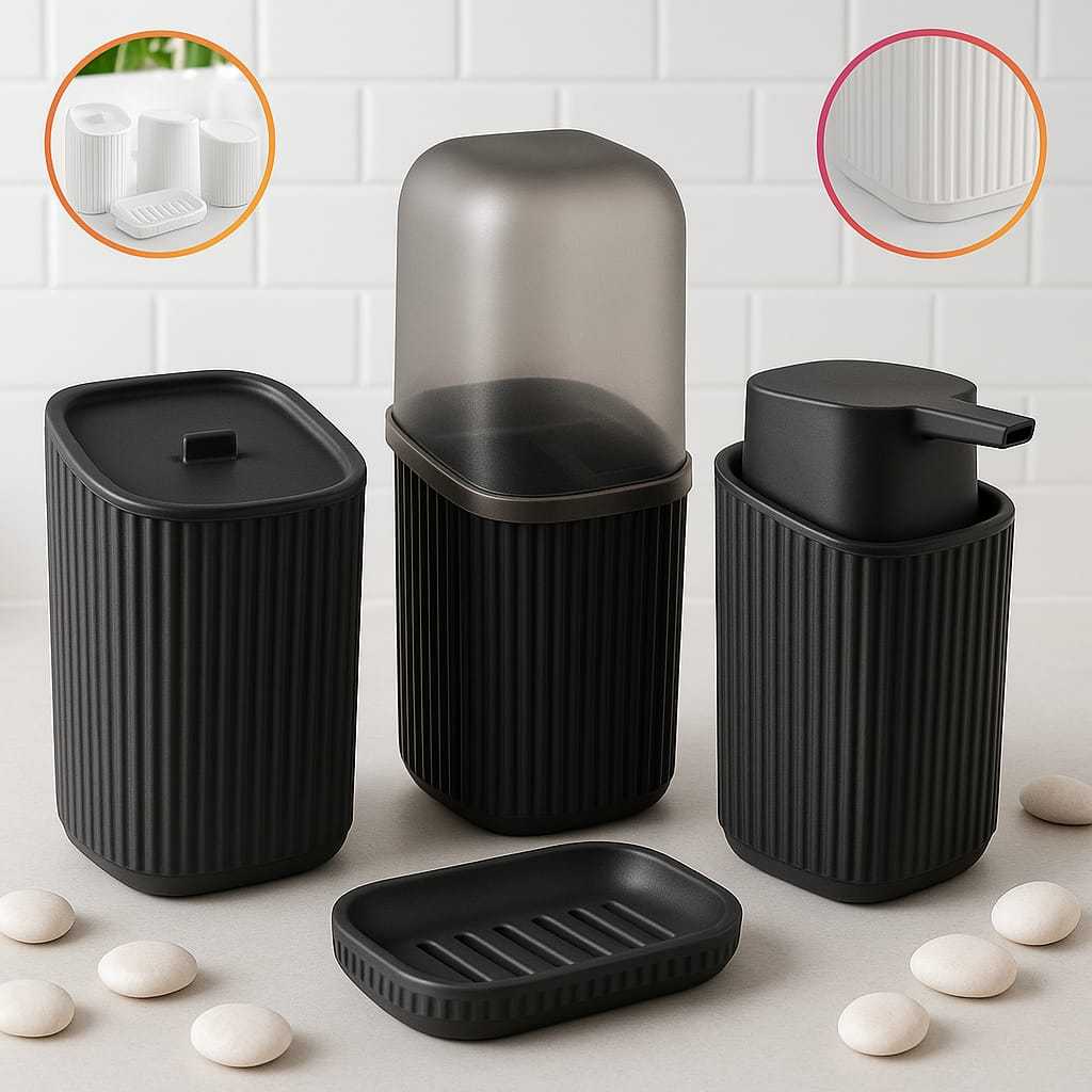 Kit Banheiro 4 Pecas Saboneteira + Porta Algodao + Porta Escovas + Porta Sabonete Liquido Alta Qualidade Resistente em Oferta na Shopee