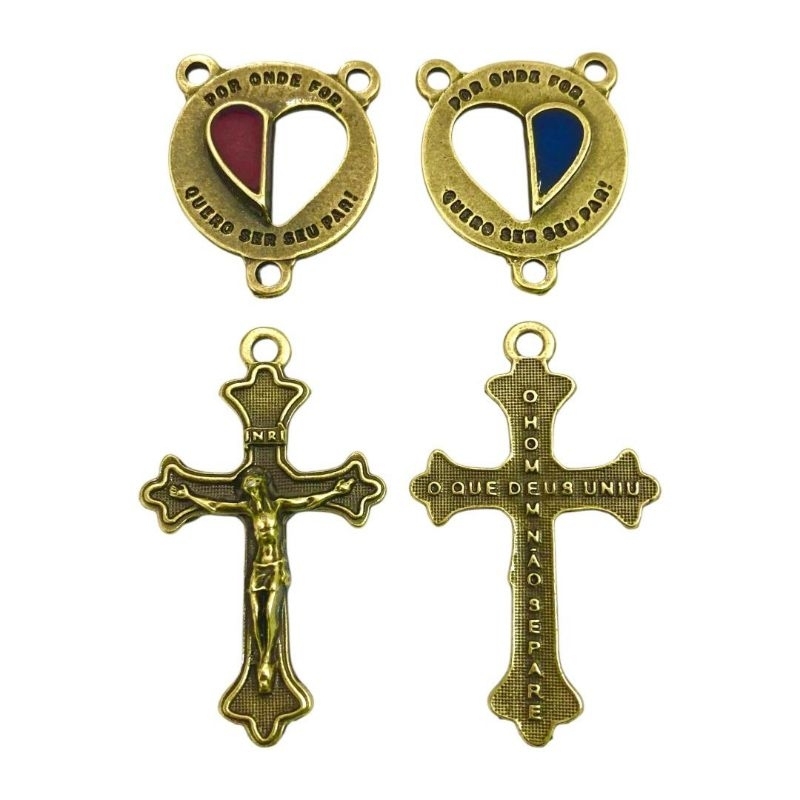 4 Entremeios + 4 Crucifixos p/ Terços casal, irmão, amigos coração resinado em Oferta na Shopee
