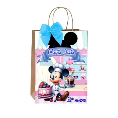 Sacolinhas Kraft Personalizadas Tema Mickey Confeiteiro Festa de Aniversário Doces Balas Lembrancinhas Acompanha Laço