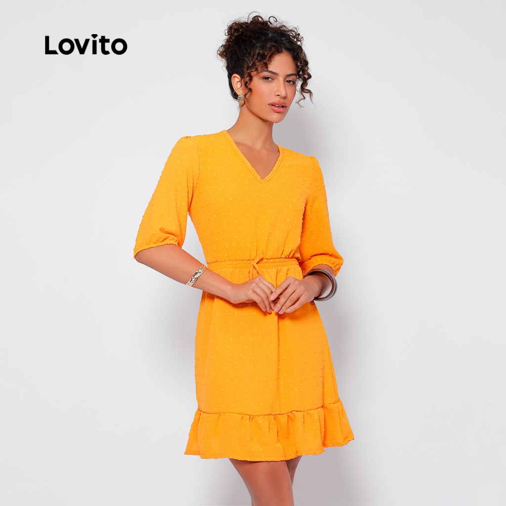 Lovito Vestido Manga 3/4 Curto com Babados Tecido Plano Feminino LB227BRL256