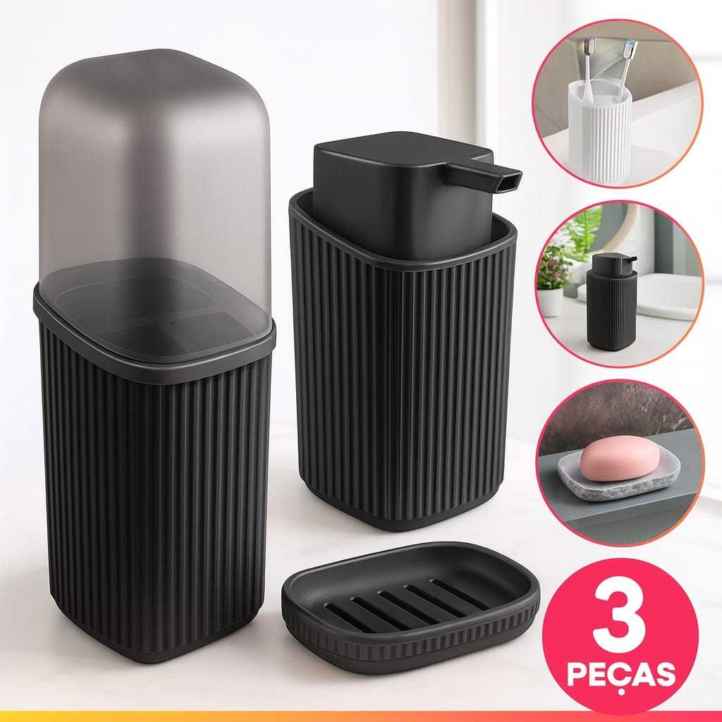 Kit Com 3 Banheiro Organização Decoração Porta Sabonete Líquido Porta Escovas e Saboneteira com Escorredor Praticidade