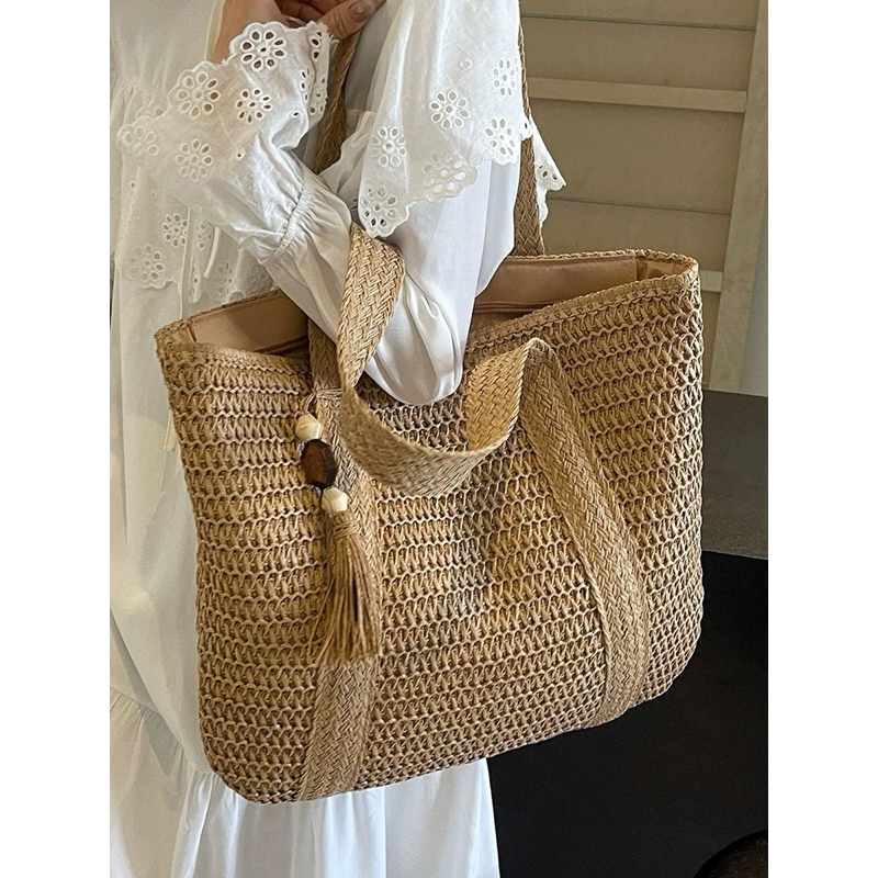 Bolsa de palha de grande capacidade para férias casuais praia portátil nova moda bolsa de ombro tecida Multineos em Oferta na Shopee