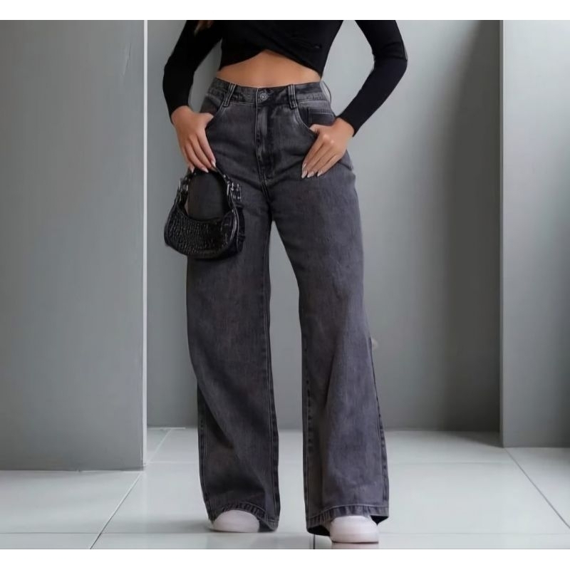 Calça Jeans Feminina Wide Leg Marmorizada Estonada Preta lavada cinza grafite pantalona