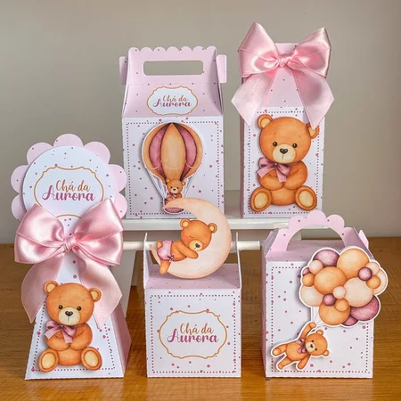 Kit Chá de Bebê Ursinho Rosa – Lembrancinhas Personalizadas Pegue e Monte