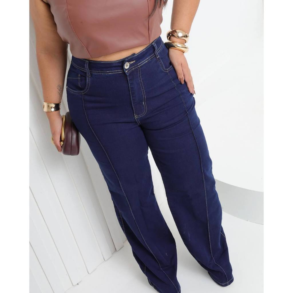 Calça jeans wide leg plus size com elastano basica em Oferta na Shopee