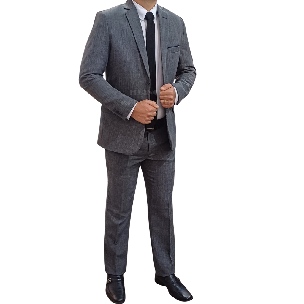 Terno Masculino Social Slim Completo Blazer E Calça Cinza Chumbo Microfibra Melange