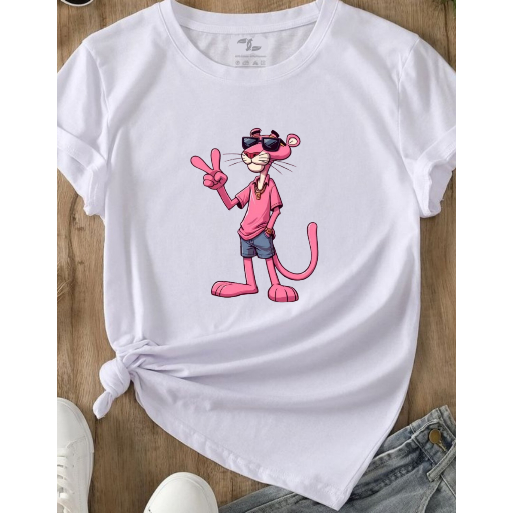 Camiseta Feminina T-Shirt Estampada Pantera Cor de Rosa 100% Algodão Adulto Infantil Juvenil Moda Despojada e Estilosa