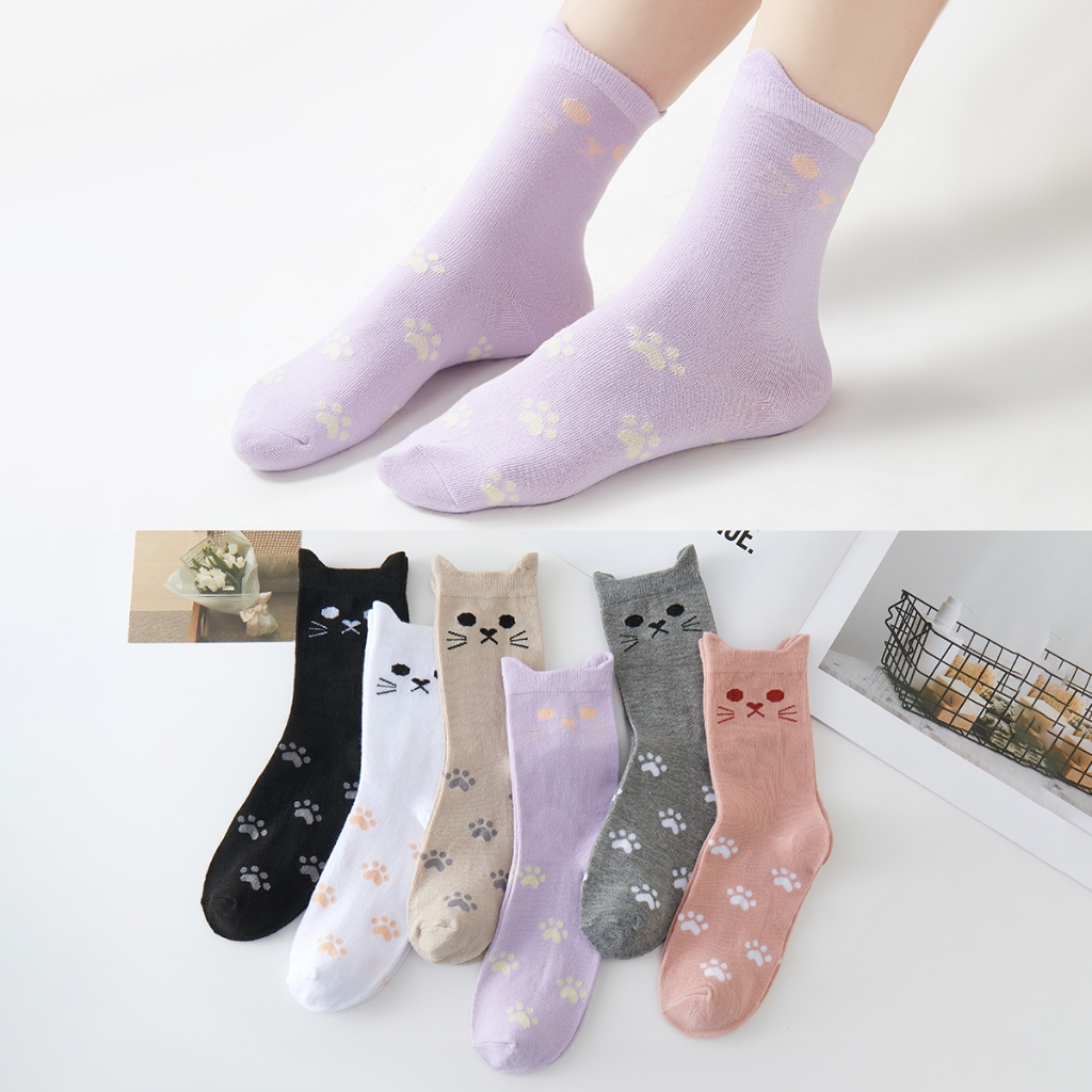 3/6/12 pares Meias de juvenil femininas fofas com estampa de gatinho, tamanho 29-35, estilo jovem e confortável em Oferta na Shopee