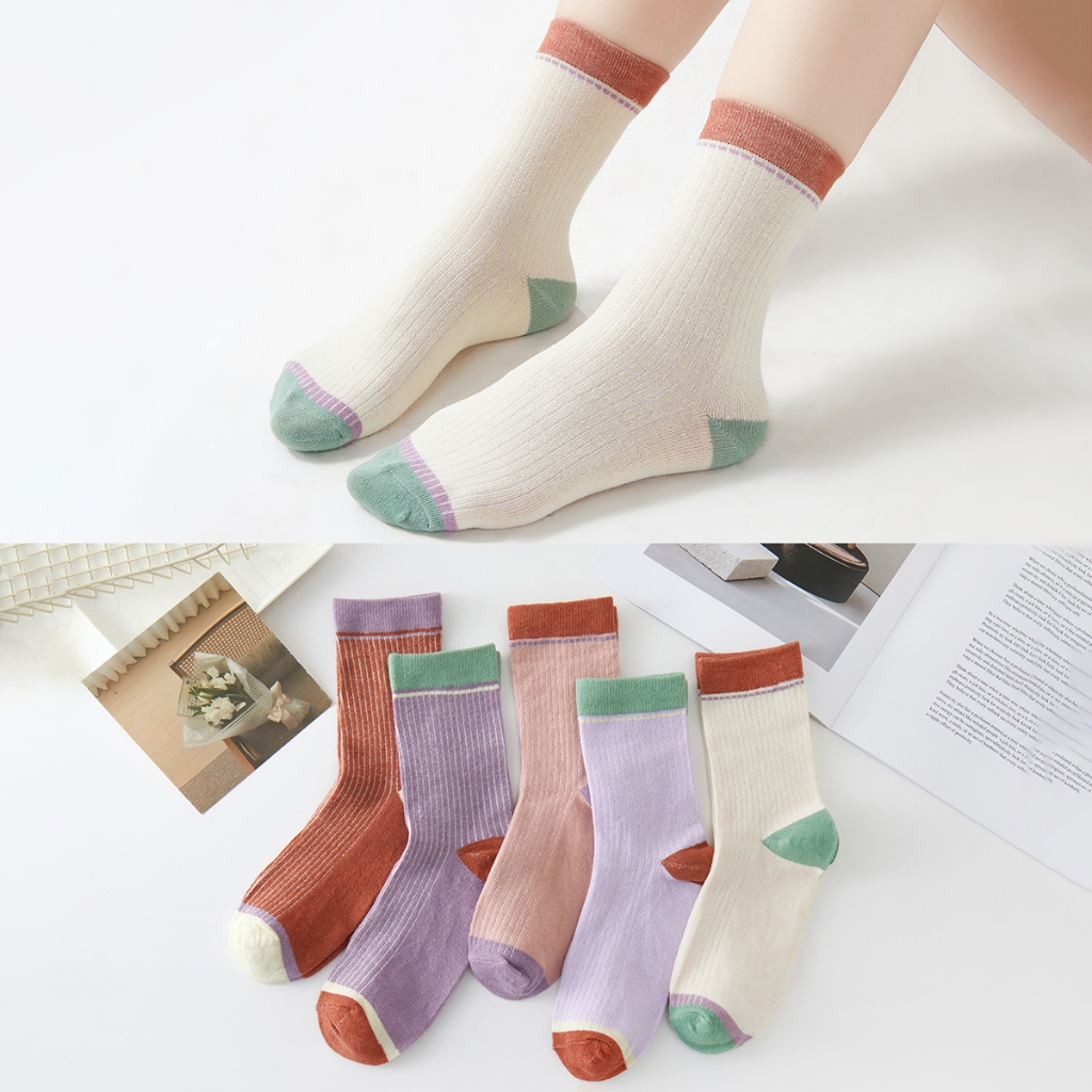 3/6/12 pares de meias de cano médio para mulher, meias elegantes, giras, casuais e versáteis em Oferta na Shopee