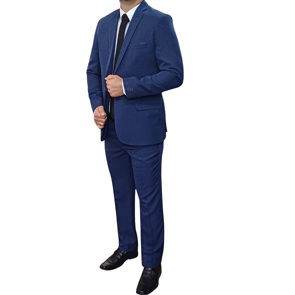 Terno Social Slim Masculino Microfibra Melange Azul Marinho Completo
