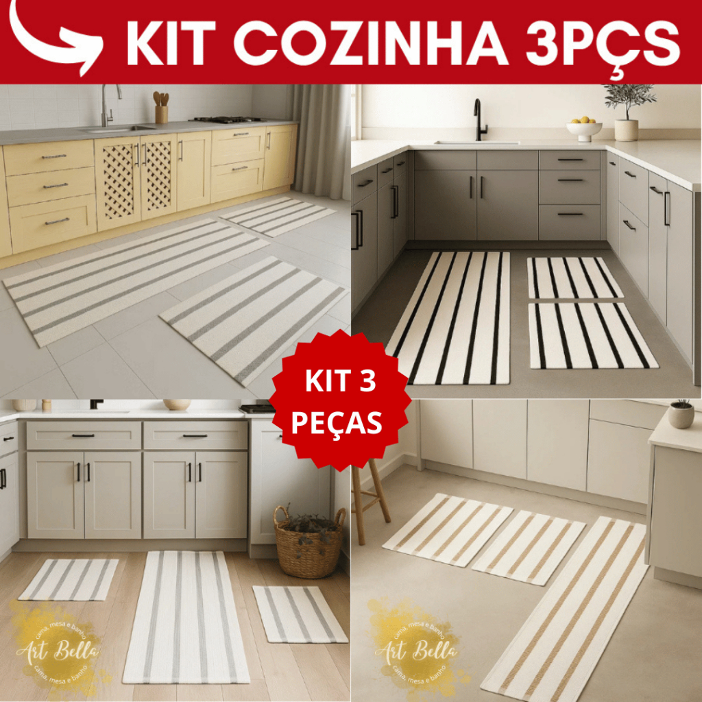Jogo de passadeira de cozinha Algodão 3 peças decoração Luxo