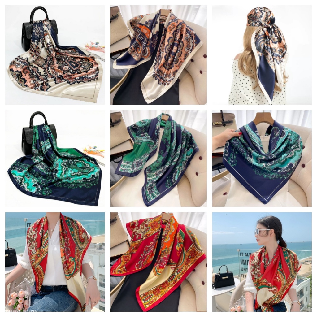 Lenço Feminino de Cetim 90x90cm Estampa Étnica Barroca Vintage Elegante Multiuso Para Pescoço Cabelo Bolsa Praia Moda