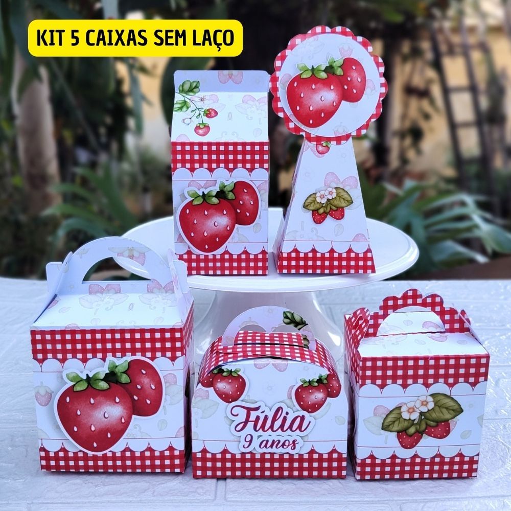 Kit Caixas Morango Moranguinho Personalizadas Festa Lembrancinha Infantil Aniversário Pegue e Monte
