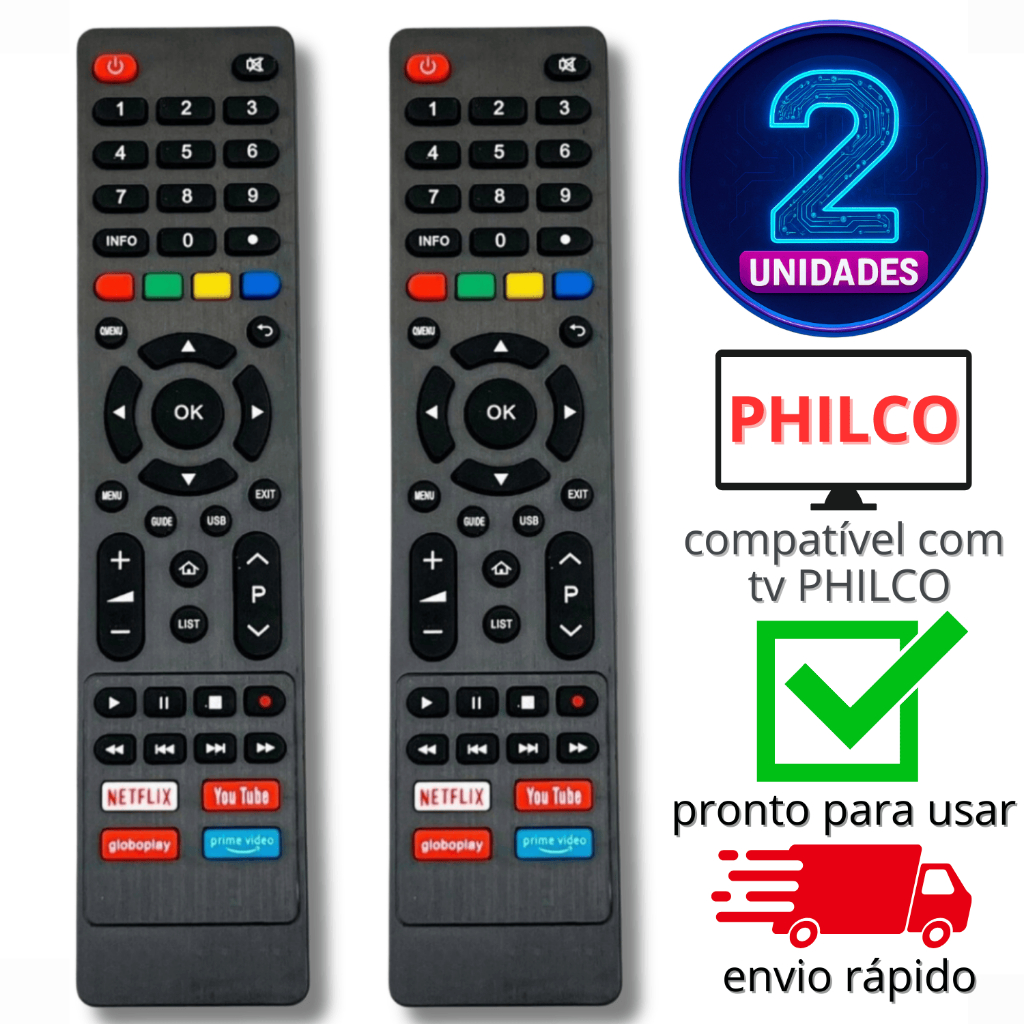 Kit 2 Controle Remoto Compatível Philco Smart TV LCD LED 4K DSWN