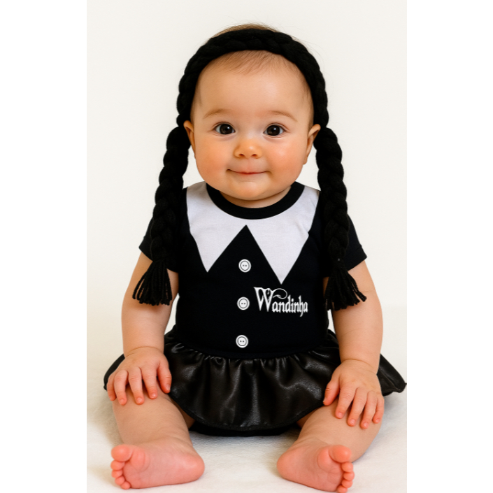 Body Bebe Infantil Mesversario Fantasia Menina Wandinha Addams Com Acessório