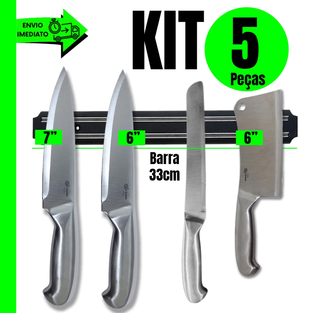 Kit Barra Magnética 33cm + Faca Texas 6 e 7 Polegadas + Faca Serra Corta Pão + Cutelo Texas 6 Polegadas tudo em Aço Inox