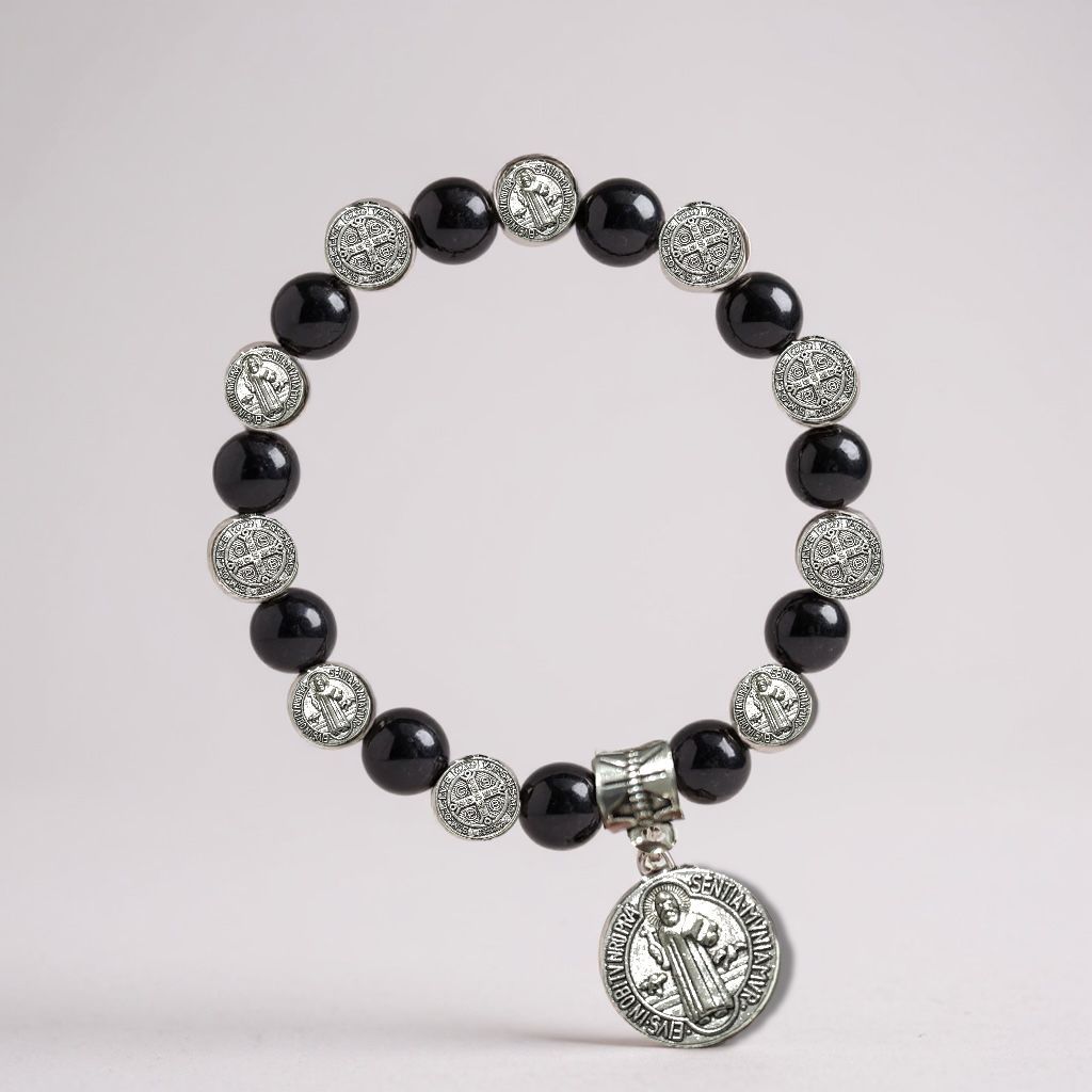 Pulseira Hematita Ouro Velho Cruz Jesus Medalhas de Sâo Bento