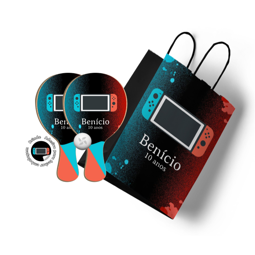 7/10/15/20/25 Kit Sacola de Papel e Raquete Ping Pong - Game Nintendo