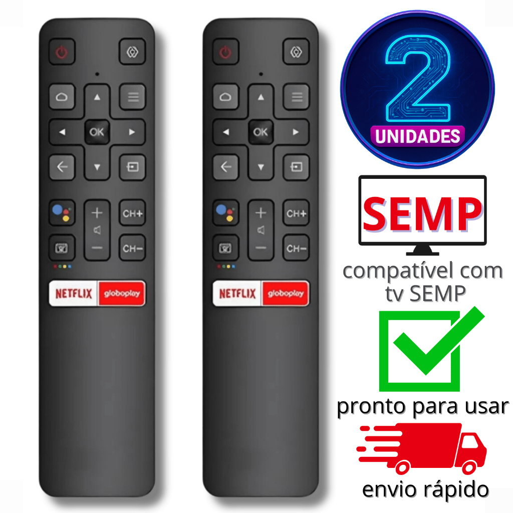 Kit 2 Controle Remoto Compatível SEMP Smart TV Lcd LED 4k RC802v Android