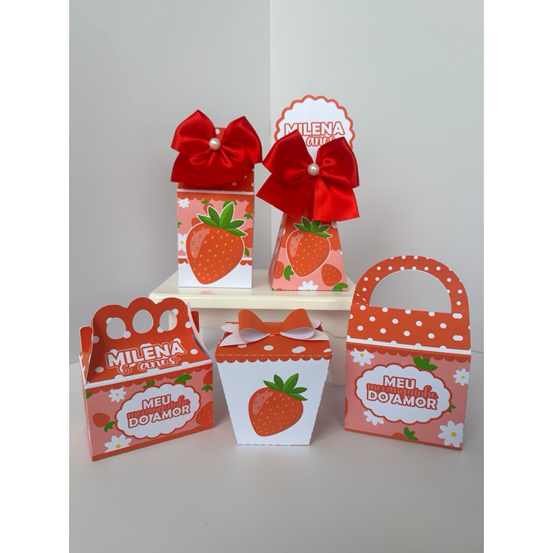 Kit Caixinhas Personalizadas Tema Moranguinho do Amor – Lembrancinha Festa Infantil Aniversário
