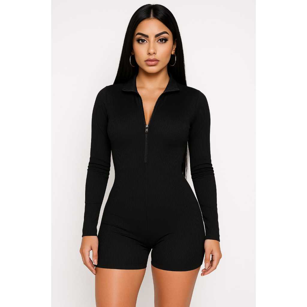 Macaquinho Canelado Feminino Fitness Moda Casual Manga Longa Coladinho Modela o Corpo Com Zíper Reforçado em Oferta na Shopee