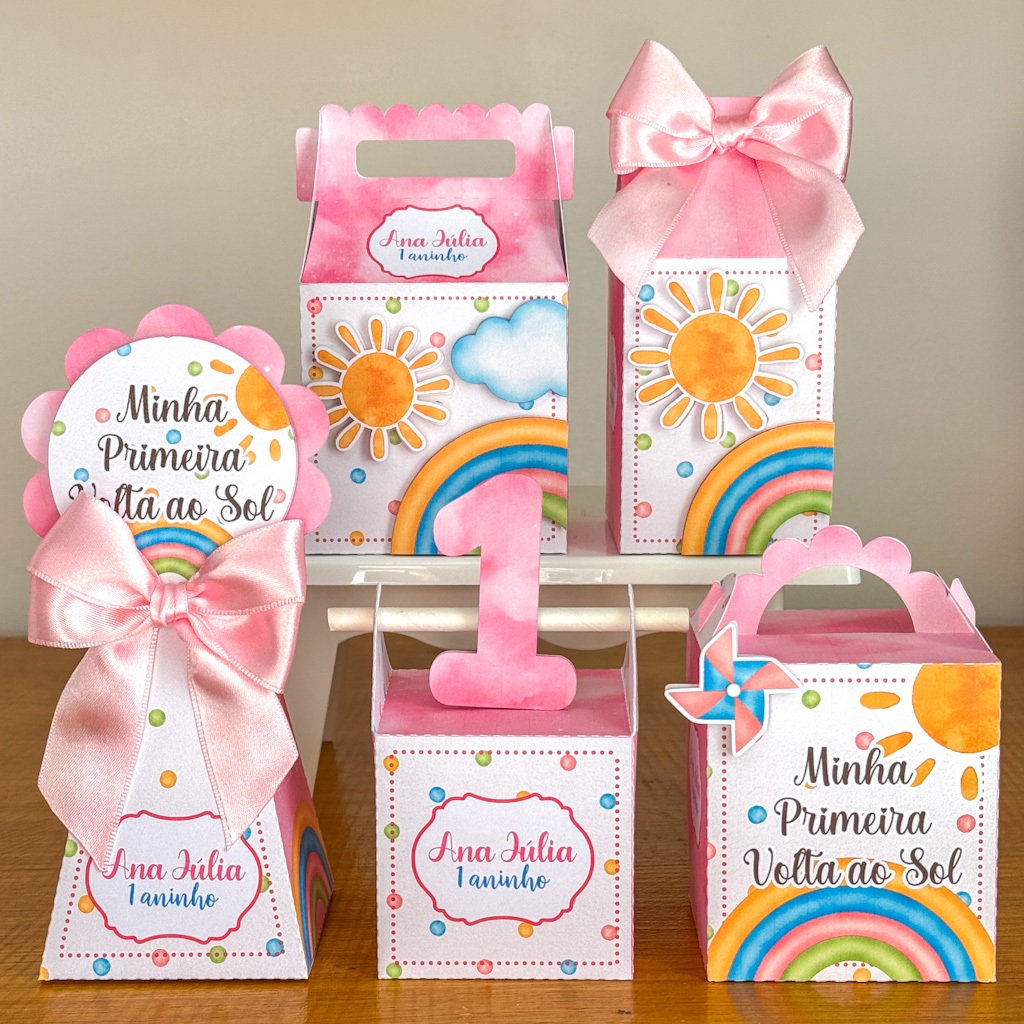 Personalizados Primeira Volta ao Sol Menina Rosa Pegue e Monte lembrancinha aniversário infantil Mêsversário
