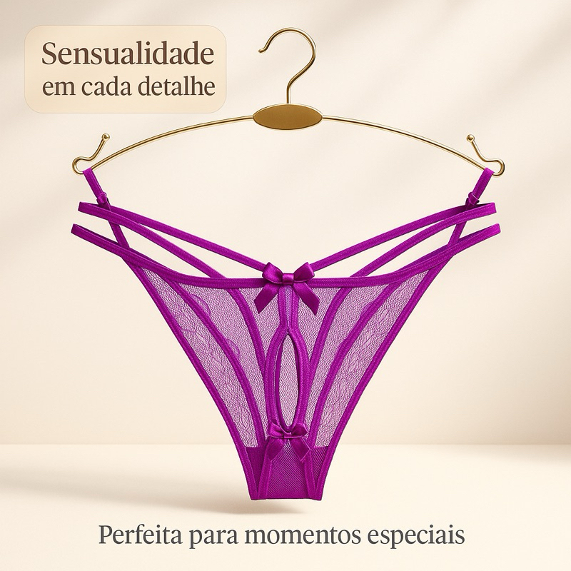 Tanga Fio Dental Sensual com Renda Floral, Tule Transparente e Delicados Laços de Cetim