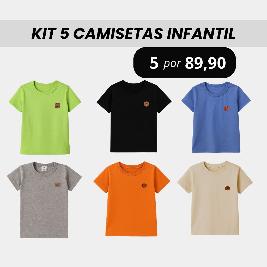 Kit 5 Camisetas Infantil Menino Manga Curta Algodão Roupa Infantil Menino Tamanho 2 ao 12