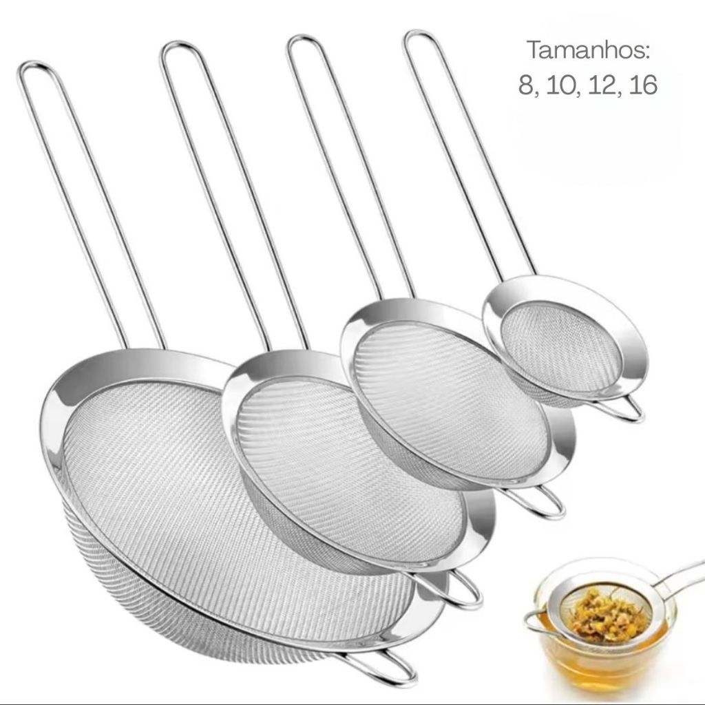 Conjunto 4 Peneiras Coador Aço Inox Tam: 8, 10, 12, 16 Ideal para Cozinha e Culinária