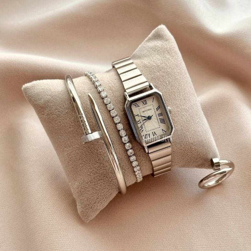 4 Peças Conjunto de Relógio Bracelete Pulseira Anel Feminino Prata Acessórios Femininos kit Anéis em Oferta na Shopee