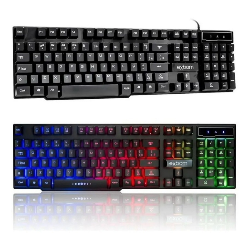 Teclado gamer iluminado RGB MULTIMIDIA semi-mecanico ABNT2 Padrão Brasileiro BK-151C EXBOM