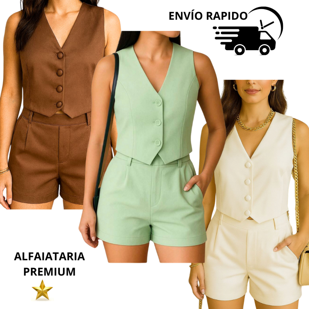 Conjunto Feminino Alfaiataria Luxo - Colete e Short Elegante
