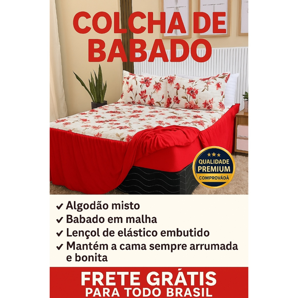 colcha de cama casal com babado e lençol de elástico embutido 2 fronhas percal 400 fios cama sempre arrumada em Oferta na Shopee
