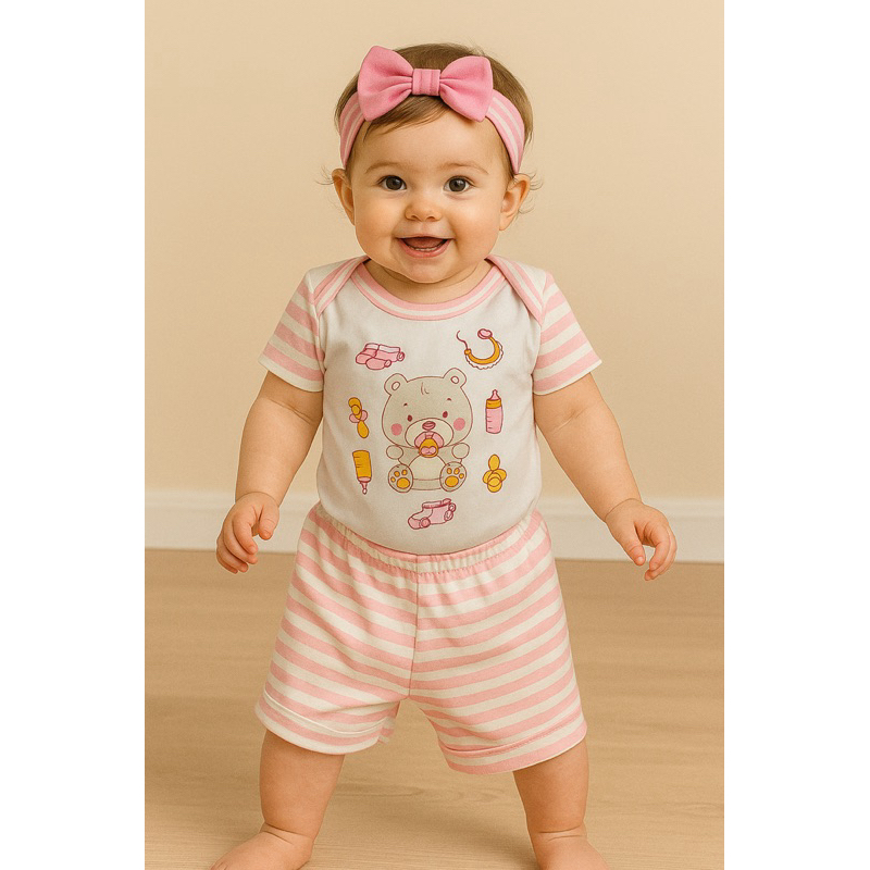 Conjunto Infantil Feminino Body Ursinho + Short Listrado Rosa