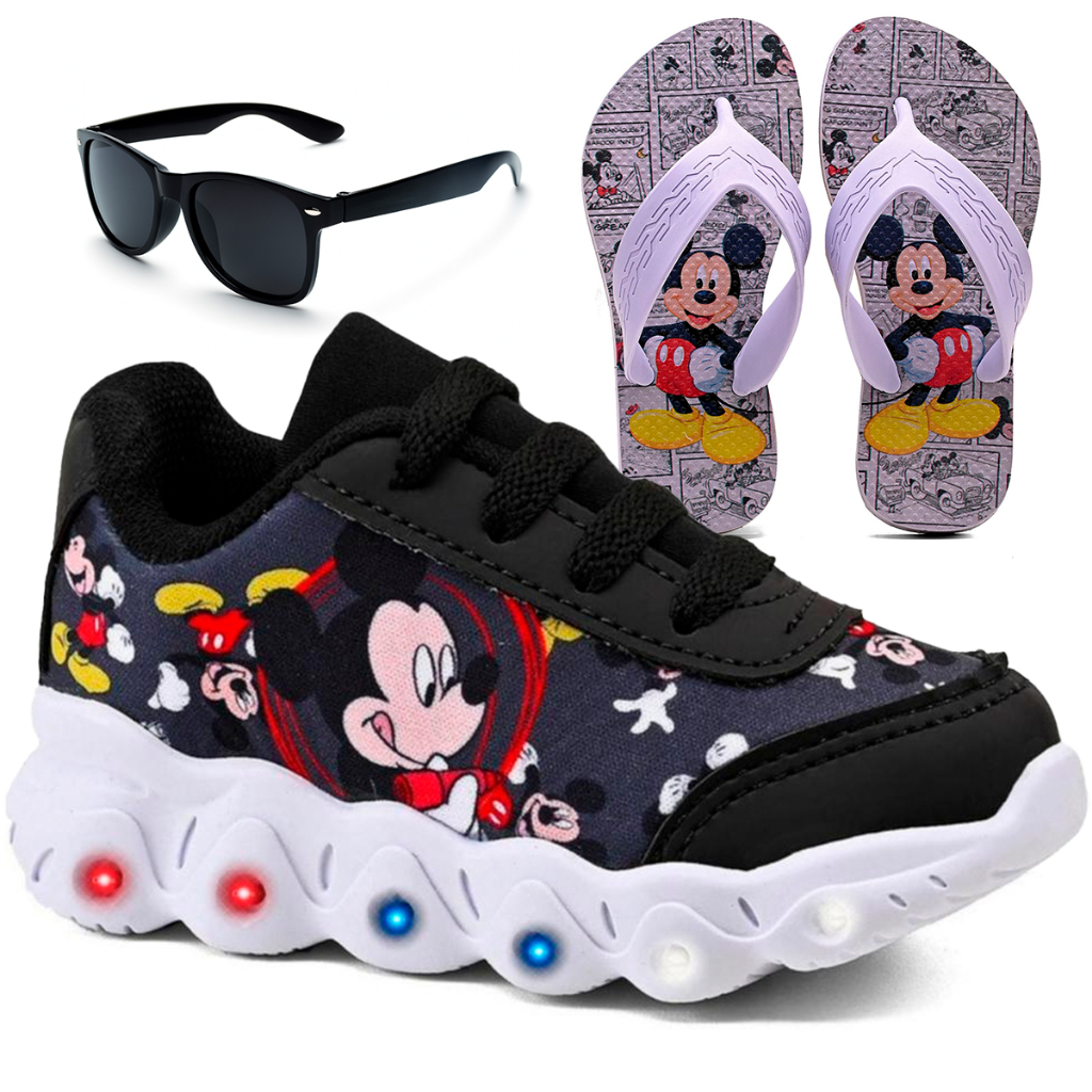 Kit Tênis Infantil Mickey Menino Com Led + Chinelo Infantil + Óculos Infantil