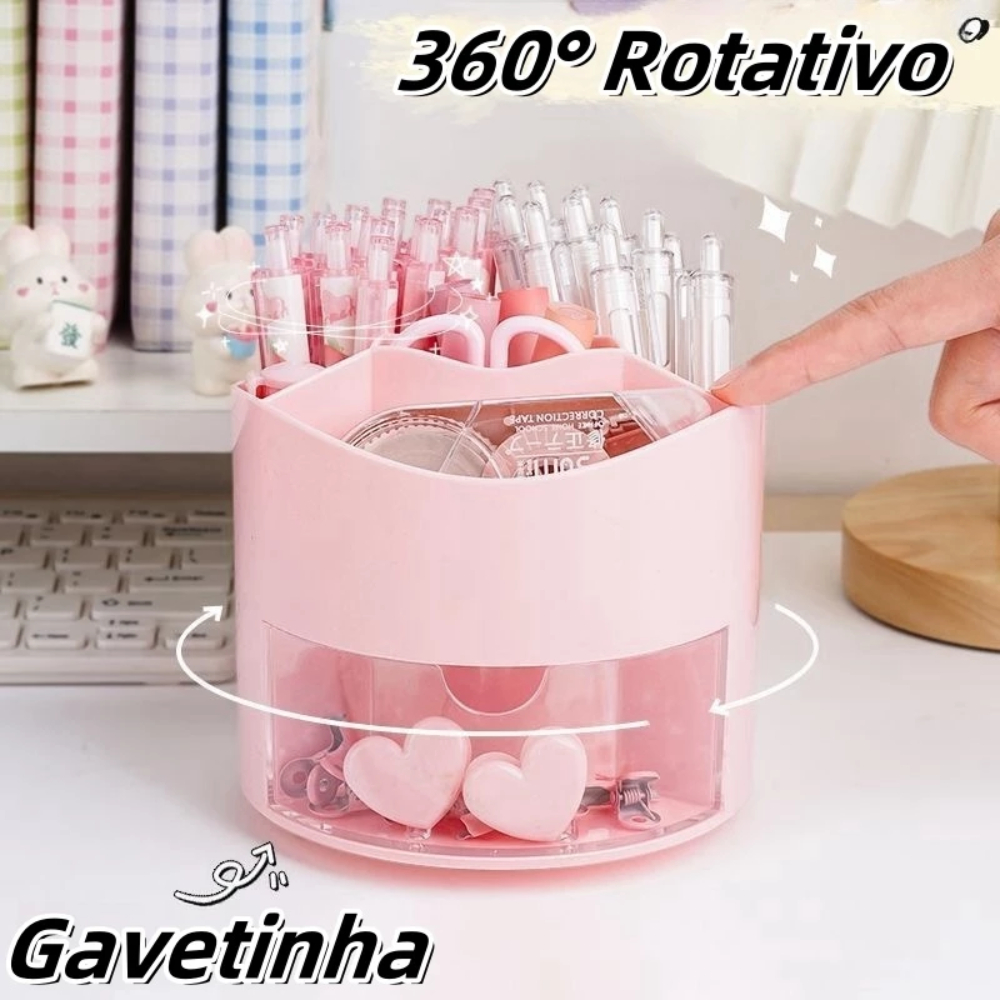 Porta Treco Organizador Mesa Escritório de 360° Caneta Lápis Plastico Com Divisoria Com Gaveta